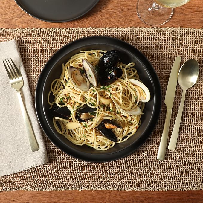 Gibson Elite Overbrook 16-Piece Pottery Clay Stoneware Dinnerware Set – Black Reactive Glaze, Stackable Plates and Bowls W/Pasta Bowl, Service for 4 – Microwave & Dishwasher Safe