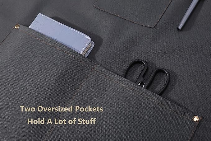 AFUN Chef Aprons for Women Men with Large Pockets, Cotton Canvas Cross Back Water Repellent Work Apron, Size M to XXL (Grey)