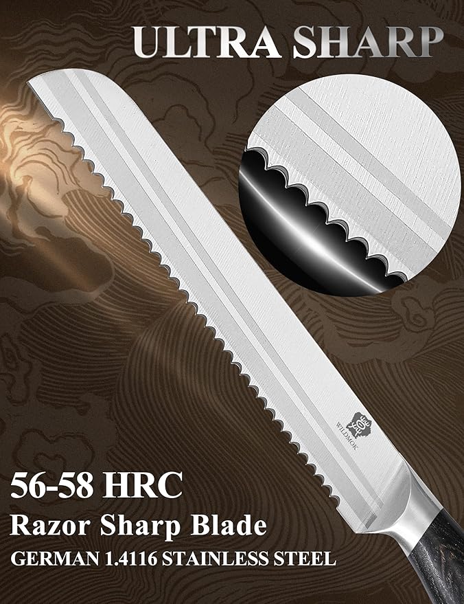 WILDMOK Bread Knife, Ultra Sharp Serrated Knife 8 Inch -Serrated Bread Knife, German Stainless Steel Bread Cutting Knife with Pakkawood Handle, Gift Box