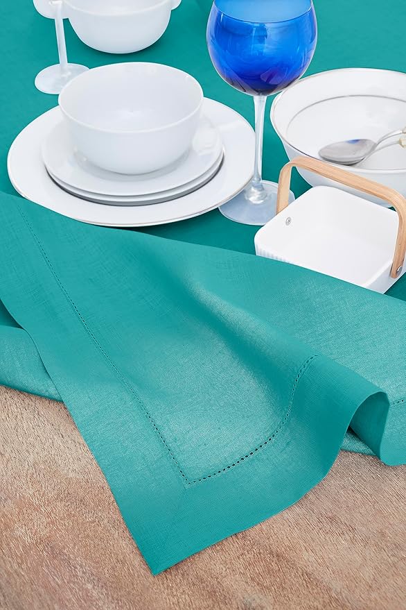 Solino Home Teal Linen Tablecloth 60 x 108 Inch - Classic Hemstitch, 100% Pure Linen Rectangular Tablecloth - Machine Washable Table Cloth for Summer, Fall, Autumn