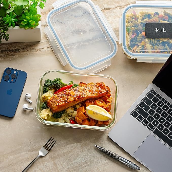 4pc Set of 8 Cup Large Glass Food Storage Containers with Lids - Airtight Meal Prep Container with Lid Lock - Freezer Microwave & Oven Safe Clear Lunch Bowl, Stackable Baking Pantry Organizer