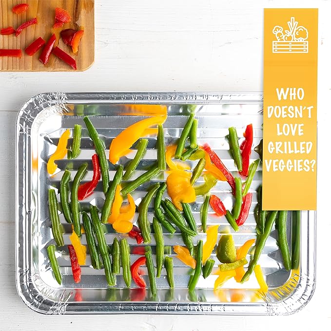 PLASTICPRO 10 Pack Disposable Aluminum Grill Liners Toppers Aluminum Foil Broiler Pans Durable Ribbed Grill Drip Pans 9x13