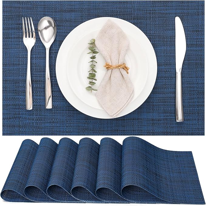 Myir JUN Placemats Set of 6, Vinyl Woven Placemats Place Mats Indoor Washable Table Mats Non-Slip Place mats for Dining Table (Dark Blue, Set of 6)