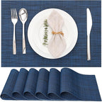Myir JUN Placemats Set of 6, Vinyl Woven Placemats Place Mats Indoor Washable Table Mats Non-Slip Place mats for Dining Table (Dark Blue, Set of 6)
