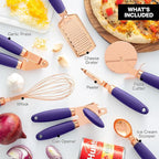 COOK WITH COLOR Kitchen Gadget Set Copper Plated Stainless Steel Utensils with Soft Touch Handles, Copper Lavender, 7 Pieces