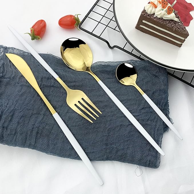 JASHII Flatware Serving Set 24 Piece, Stainless Steel Silverware Set, White Gold Cutlery, Modern Elegant Tableware for Party, Christmas, Dinner