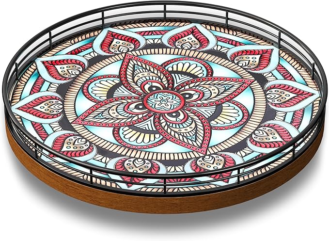 Oak Bohemia Lazy Susan 10.2" Turntable Organizer for Table Top with Ceramic 3D Boho Texture, Round Wooden Lazy Susan for Dining Table Decor, Kitchen, Countertop, Home Decor, Walnut Wood, Farmhouse