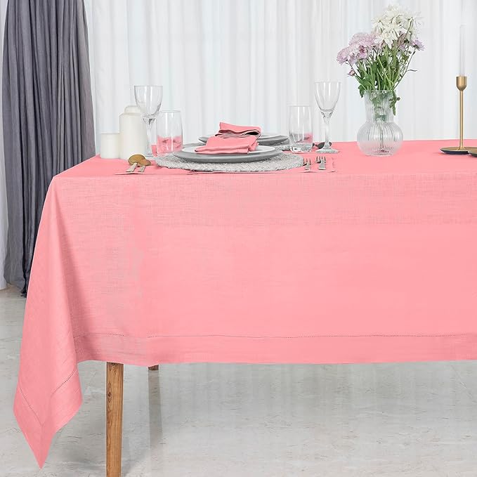D'Moksha Homes Dusty Pink Linen Tablecloth for Rectangle Tables 60 x 84 Inch - Classic Hemstitch 100% Pure Linen Pink Table Cloth - Machine Washable Dining Tablecloth for Summer, Fall and Halloween