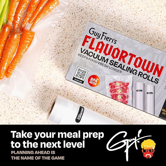 Guy Fieri's Flavortown 11” x 16’ Vacuum Seal Bag - 2-Pack BPA-Free Food Storage Bags, Freezer Safe, Locks in Flavor & Freshness, Reduces Waste, Ideal Kitchen Plastic Bags for Sealing & Preserving