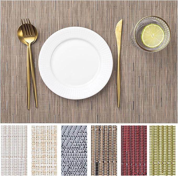 LEXMORE PVC Woven Placemats 12 PCS Wipeable Indoor/Outdoor Table Mats Washable Vinyl Place Mats for Dining Table, Set of 12-Light Brown