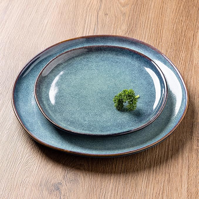 AmorArc Ceramic Dinnerware Sets,Handmade Reactive Glaze Stoneware Plates and Bowls Set,Highly Scratch Resistant | Dishwasher & Microwave Safe,Service for 4 Dishes Set - Reactive Blue(12pc)