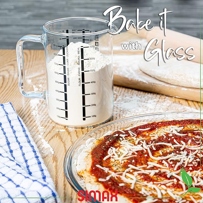 Simax Glass Measuring Cup in Grams, Ml, Oz - Borosilicate 32 Oz Liquid Cup for Metric Measurements, Liter, Milliliter, Ounce, Sugar & Flour Grams - No Drip Pour Spout