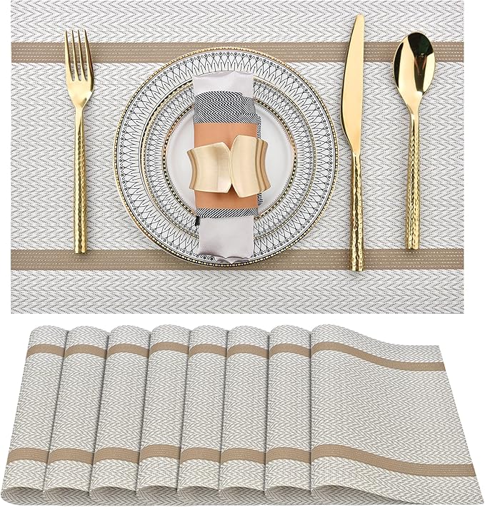 Beige White Placemats Set of 8 - Easy Clean Modern Durable Washable Vinyl Place Mats - Heat Resistant Placemats for Kitchen Table - PVC Table Mats for Dining Table (Beige White with Stripes, 8)