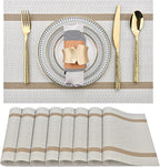 Beige White Placemats Set of 8 - Easy Clean Modern Durable Washable Vinyl Place Mats - Heat Resistant Placemats for Kitchen Table - PVC Table Mats for Dining Table (Beige White with Stripes, 8)
