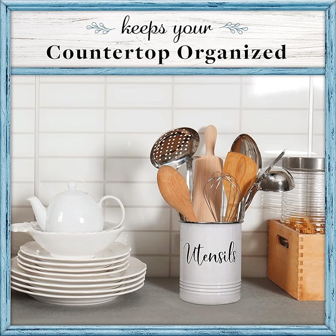 Home Acre Designs Vintage Farmhouse Utensil Holder - Stylish Countertop Organizer and Kitchen Decor Caddy - Stainless Steel Rim - White