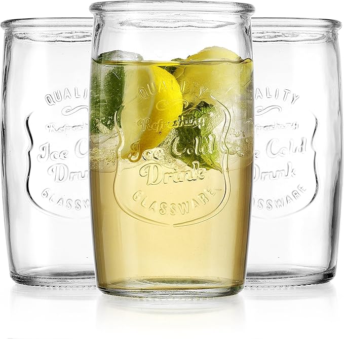 Glaver's Set of 8 Highball Glass Cups 20 OZ Stemless Tall Drinking Glasses For Everyday Use, Vintage Ice Cold Logo Tumbler Glassware for Bar, Juice, Cocktails, Beer, Water glasses.