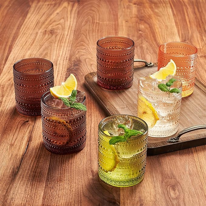 Hobnail Beaded Highball Drinking Tumbler Glasses | Set of 6 | Color, Vintage Bubble Design Whiskey Glassware, Old-Fashioned, Embossed Design for Water, Wine, Cocktail Embossed Heavy Glas, Rocks Glass