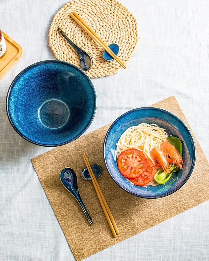Large Salad Soup Ramen Serving Bowls, 71 OZ Ceramic Japanese Ramen Noodle Bowls with Chopsticks, Spoons and Rests - Super Big Bowl Sets for Udon, Pho, Pasta, Cereal, Set of 2 - Reactive Blue