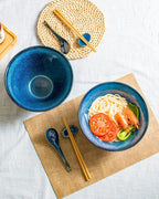 Large Salad Soup Ramen Serving Bowls, 71 OZ Ceramic Japanese Ramen Noodle Bowls with Chopsticks, Spoons and Rests - Super Big Bowl Sets for Udon, Pho, Pasta, Cereal, Set of 2 - Reactive Blue