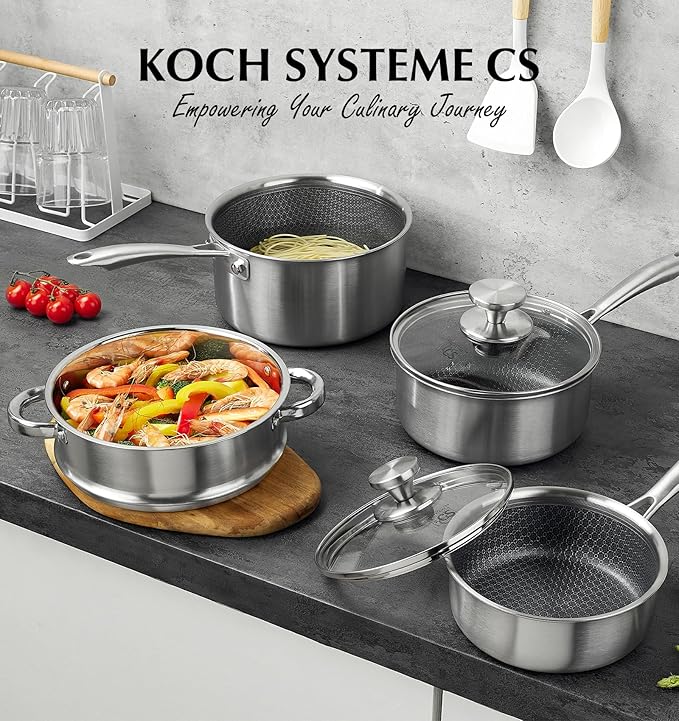 KOCH SYSTEME CS Hybrid Nonstick Stainless Steel Saucepan Set with Steamer Insert, 7PCS Triply Stainless Steel Pot Set 1Qt, 2Qt & 3Qt, 18/10 Steel Sauce Pan Set with Lids, Induction & Oven Safe