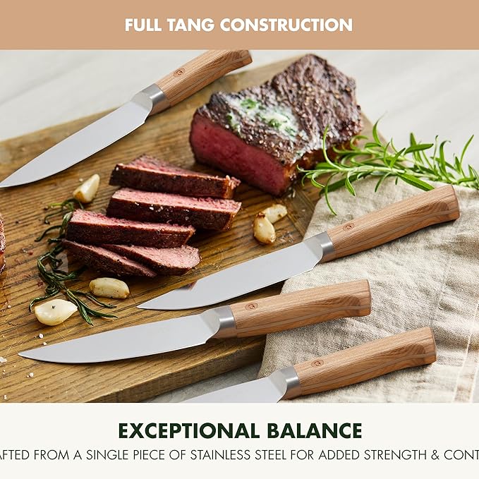 GreenPan Elite 8 Piece Steak Knife Set, Professional Stainless Steel Blades with Titanium Coating, Ultra-Sharp Dining Knives, Kitchen Cutlery, Ergonomic Wood Handles, Wooden Storage Box