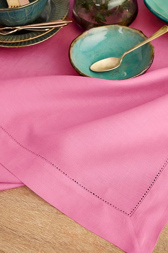 Solino Home Linen Tablecloth for Rectangle Tables 60 x 120 Inch - Classic Hemstitch 100% Pure Linen Flamingo Pink Table Cloth - Machine Washable Cloth Tablecloth for Summer, Halloween
