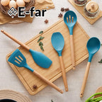 E-far Silicone Cooking Utensils Set, 5-Piece Kitchen Utensils Set with Wooden Handle for Cooking, Silicone Kitchen Nonstick Tools Spatula Turner Slotted Spoons, Nontoxic & Heat Resistant-Blue