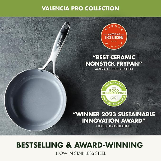 GreenPan Valencia Pro Stainless Steel 10 Piece Cookware Pots and Pans Set, Induction Suitable Mirrored Tri-Ply, Ceramic Nonstick PFAS-Free PFOA-Free Coating, Multi Clad, Dishwasher Oven & Broiler Safe