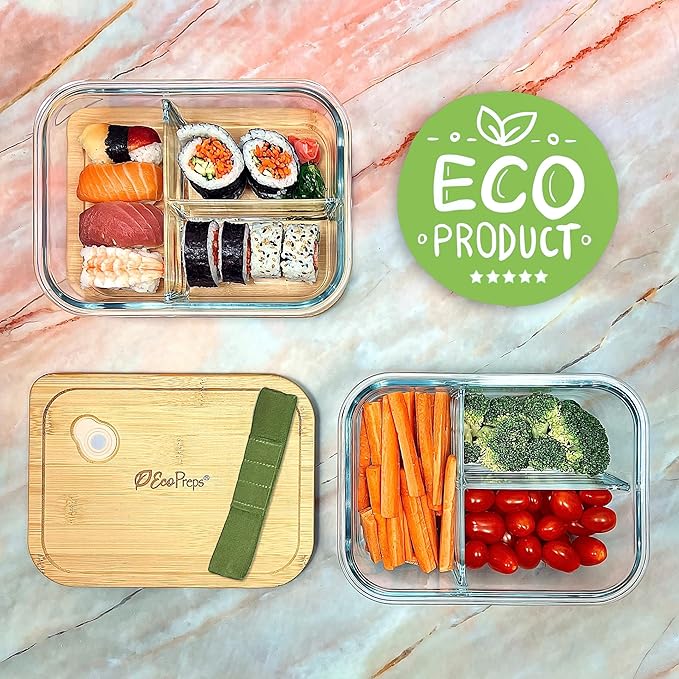 Large Glass Bento Box Containers with Bamboo Lids, 3 Compartment Glass Meal Prep Container Set (2 Pack, XL) - 100% Plastic Free, Eco-Friendly Lunch Containers, Bento Boxes for Adults