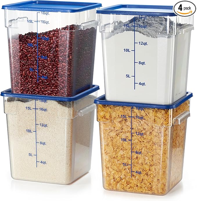 CURTA 4 Pack Food Storage Containers with Blue Lids - NSF Listed Commercial Grade in 18.0 Qt - Square, Clear, Polycarbonate