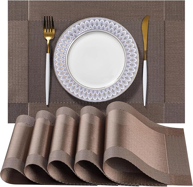 LEXMORE PVC Woven Placemats 6 PCS Wipeable Indoor/Outdoor Table Mats Washable Vinyl Place Mats for Dining Table, Set of 6-Brown Cube