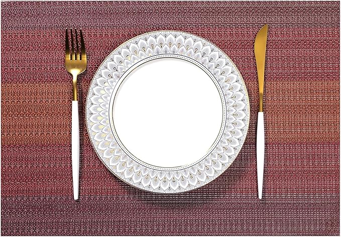 LEXMORE PlaceMats Set of 12 Vinyl/Plastic Woven Place Mats for Kitchen Table Indoor/Outdoor Washable PlaceMat Wipeable Dining Table Mats(Pomegranate Parade)