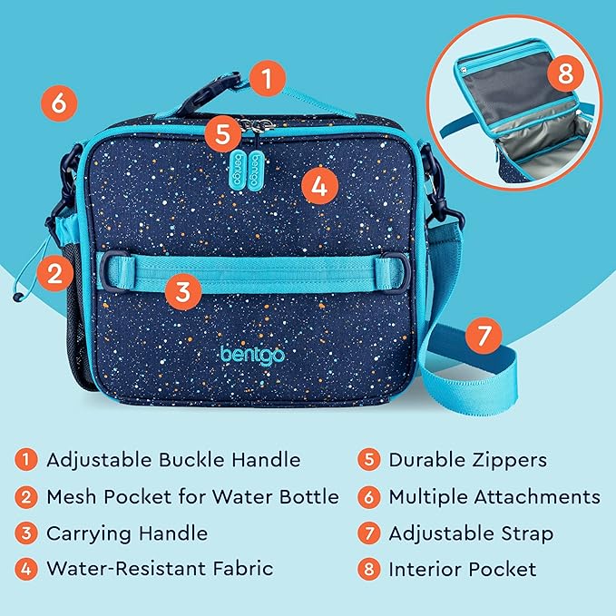 Bentgo Kids Lunch Bag - Double-Insulated, Reusable Lunch Bag for Kids 3+ with Adjustable Strap; Holds Lunch Box/Water Bottle/Snacks; Easy-Clean, Water-Resistant & Pockets (Confetti - Abyss Blue)