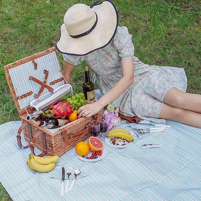 Picnic Basket Set for 4 Persons - Picnic Baskets with Large Insulated Cooler Compartment, Adjustable Shoulder Strap, Willow Hamper and Waterproof Blanket Set with Cutlery Service Kit