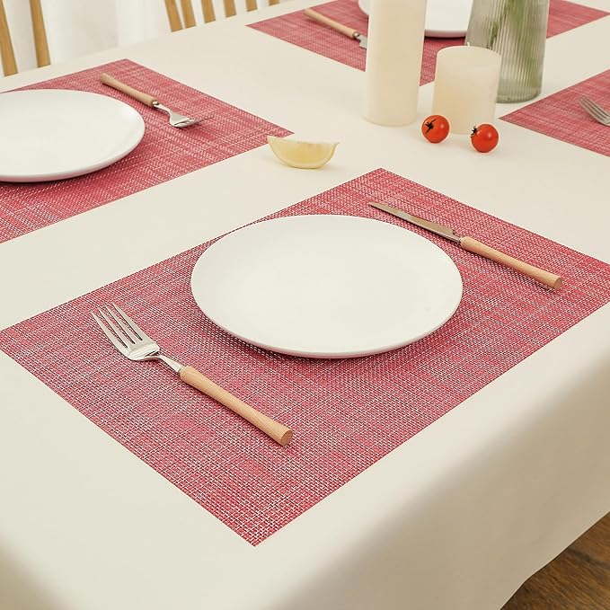 Leetaltree Red Placemats Set of 4 - Heat Resistant Non-Slip Place mats for Dining Table, Washable Durable PVC Vinyl Woven Table Mats（Red, 4）