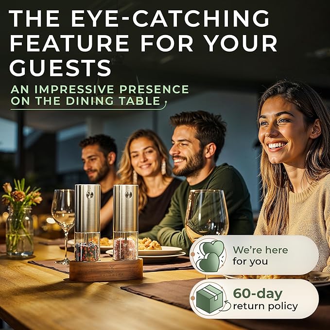 WALDWERK Electric Salt and Pepper Grinder Set (300 mAh Rechargeable Battery) - Salt and Pepper Shakers with Elegant Acacia Wood Stand – Rechargeable Automatic Salt and Pepper Grinder Set