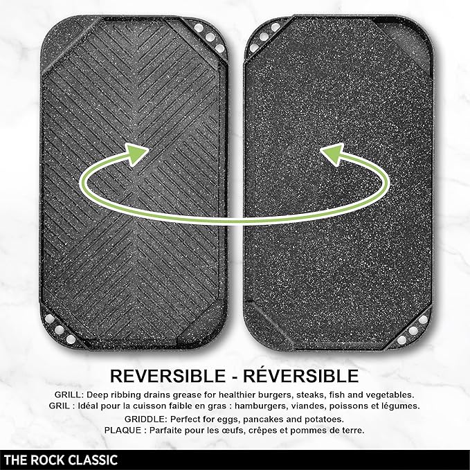 Starfrit The Rock 19.7'' x 11'' (50x28cm) Non-Stick Reversible Grill & Griddle - Durable Forged Aluminum - Oven Safe - PFOA Free - Easy to Clean - Black