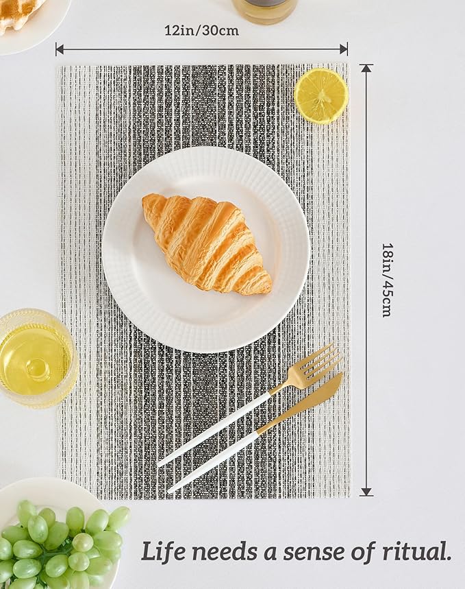 Leetaltree Black with White Woven Placemats Set of 4 - Heat Resistant Non-Slip Place mats for Dining Table, Washable Durable PVC Vinyl Woven Table Mats(Black with White, 4)