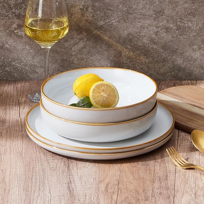 E-far Pasta Bowls Set of 4, 35oz Large Salad Bowls for Serving, Wide and Shallow Ceramic Plates for Kitchen, Double Reactive Glaze, Microwave and Dishwasher Safe, Seashell White