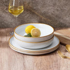 E-far Pasta Bowls Set of 4, 35oz Large Salad Bowls for Serving, Wide and Shallow Ceramic Plates for Kitchen, Double Reactive Glaze, Microwave and Dishwasher Safe, Seashell White