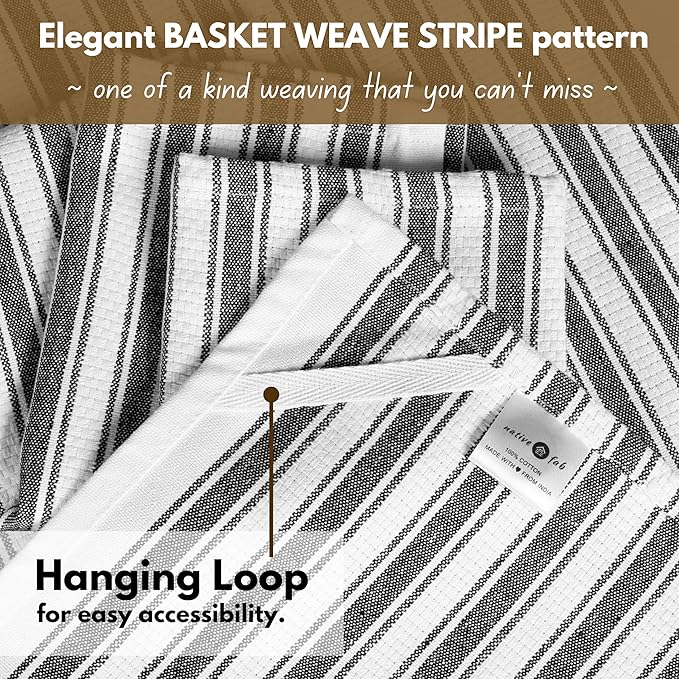 Native Fab 100% Cotton Striped Kitchen Towels - Set of 12-16"x26"- Basket Weave Stripe Dish Towels for Quick Drying, Absorbent Kitchen Wash Cloths Set with Hanging Loop - Black