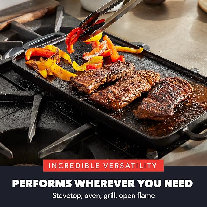 GreenPan x Bobby Flay Cast Iron Pre-Seasoned 16.5 x 9.5” Reversible Double Burner Griddle, Rectangular Grill, Helper Handles, Induction, Versatile Stovetop Oven BBQ & Fire, Indoor & Outdoor Use, Black