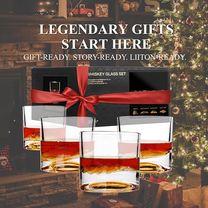 LIITON American Peaks Heavy Crystal Whiskey Glasses Gift Set of 4, Thick Freezable Bourbon Glass 1lb Each, Premium Whiskey Gifts for Men, Frozen Crystal Chills Cocktails, 10 oz