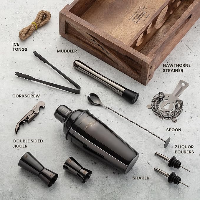 Mixology & Craft 11-Piece Cocktail Shaker Set, Bartender Kit with Stand, Stainless Steel Bar Tools, Dual Jiggers, Muddler & Pourers, Wood Display for Home Bar - Gift Ready (Gun-Metal Black)