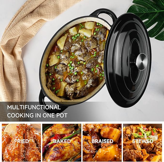 Oval Dutch Oven for Bread Baking, 4.5 Quart Non Stick Enameled Cast Iron Dutch Oven Pot with Lid, Oven Safe Oval Casserole with Lid up to 500°F for Baking, Braising, Stews, Roasting (Black)