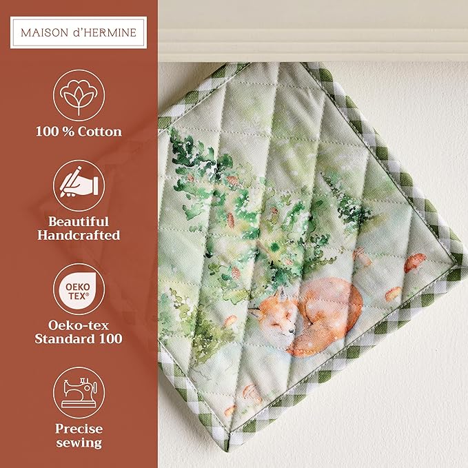 Maison d' Hermine Pot Holders 100% Cotton Heat Resistant Potholders 8" x 8" Hot Pads with Loop BBQ, Cooking, Baking, Grilling, Kitchen, Handling Hot Pans (Pack of 1, Winter Mornings)