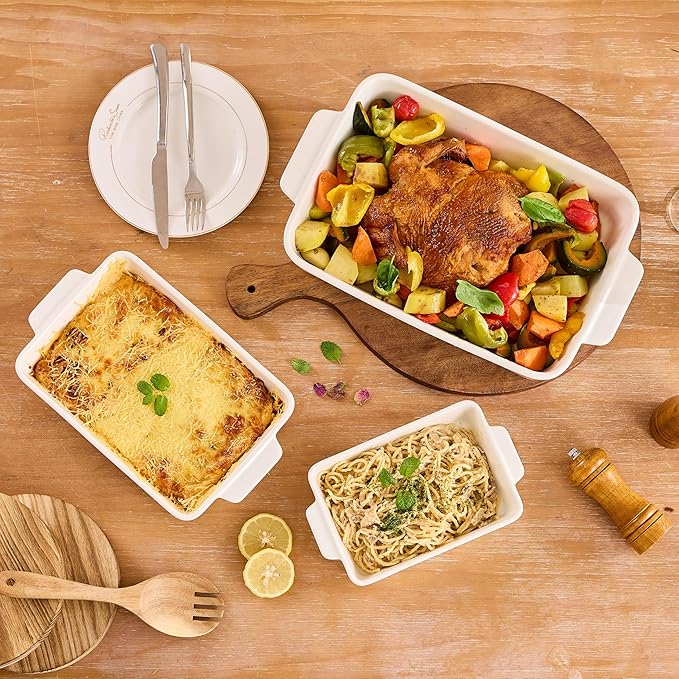Ceramic Bakeware Set, Rectangular Porcelain Baking Dishes for Kitchen, Lasagna Pans with Handle for Cooking, 13"/10"/7.6" Baking Pan Deep Casserole Dish for Baking, Set of 3 White