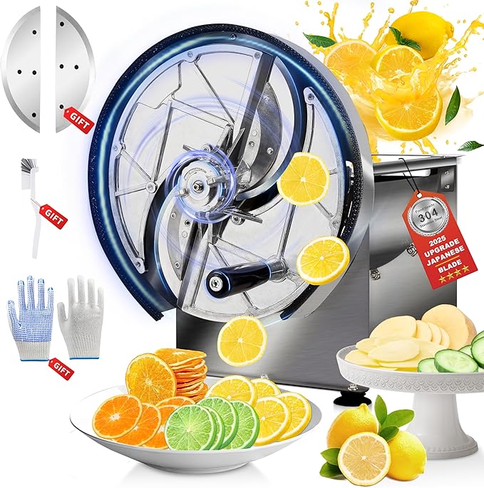 Commercial Vegetable Slicer - Manual Adjustable Thickness 0.2-13mm, Stainless Steel Lemon Slicer with 2* Extra Blades for Slicing Vegetable Tomato Onion Potato Cabbage Lime (Silver Gray)