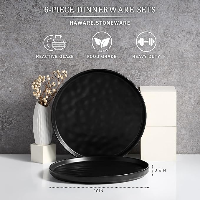 HaWare Stoneware Dinner Plates Set of 6, 10" Heavy Duty Ceramic Plate, Reactive Glaze Ripple Dinnerware for Home Restaurant, Chip and Scratch Resistant, Microwave and Dishwasher Safe, Matte Black