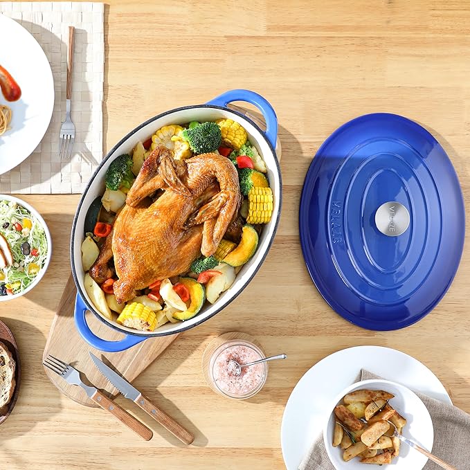 Velaze 7.5 QT Enameled Oval Dutch Oven Pot with Lid, Cast Iron Dutch Oven with Dual Handles for Bread Baking, Cooking, Frying, Non-stick Enamel Coated Cookware（Blue)
